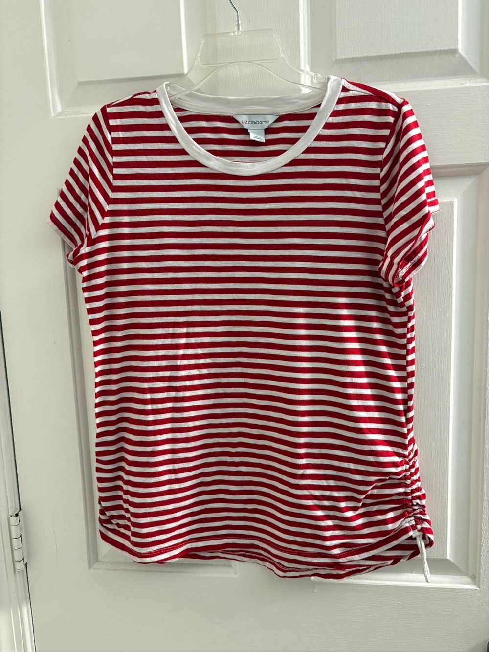 Liz Claiborne Red and White Striped Short Sleeve Tee with Side Ruching